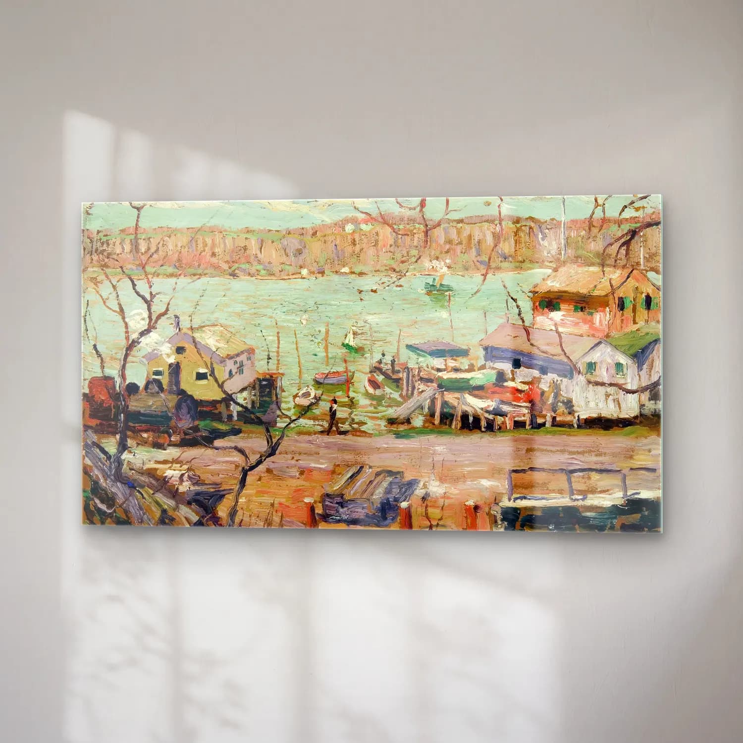 Ernest Lawson – River Scene–Boats and Houses cam tablo — sağ açıdan görünüm
