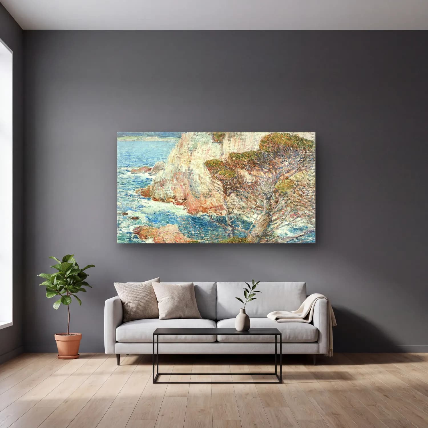 Frederick Childe Hassam – Point Lobos, Carmel cam tablo — gri duvarlı salonda