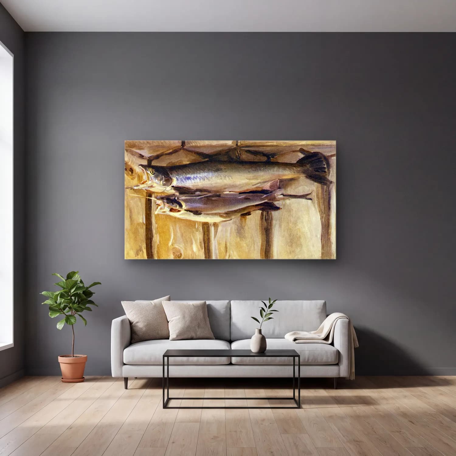 John Singer Sargent – Angling in British Art Through Five Centuries cam tablo — gri duvarlı salonda