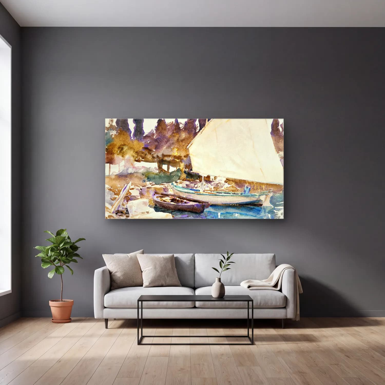 John Singer Sargent – Boats cam tablo — gri duvarlı salonda