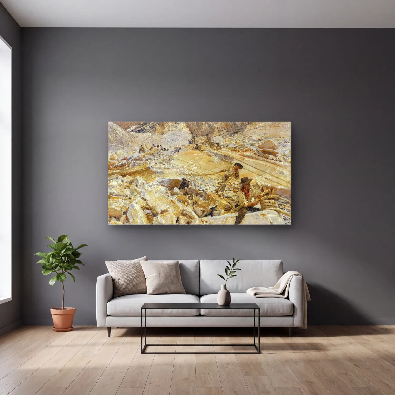John Singer Sargent – Bringing Down Marble from the Quarries to Carrara cam tablo — gri duvarlı salonda