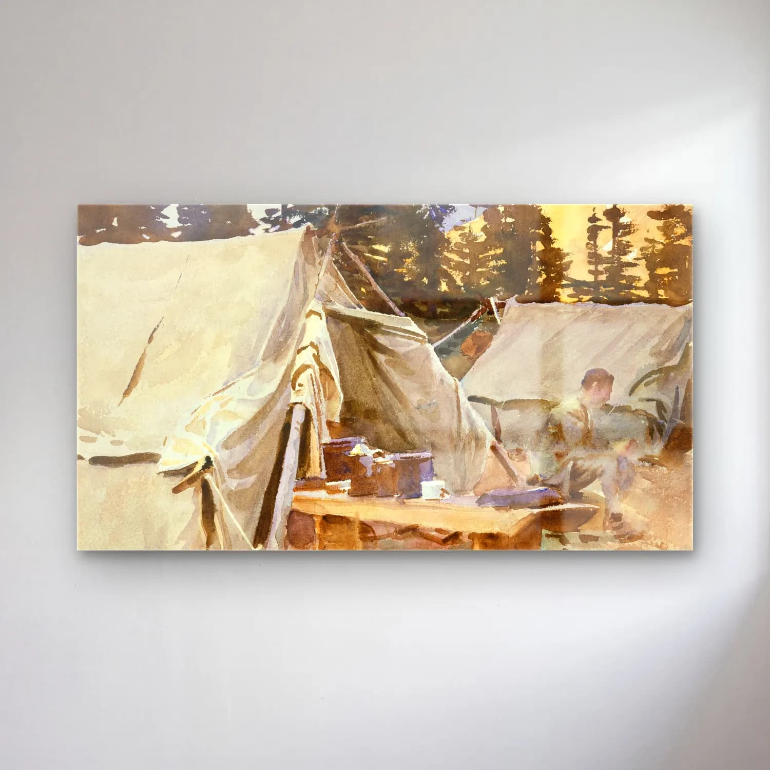John Singer Sargent – Camp at Lake O Hara cam tablo — John Singer Sargent – Camp at Lake O Hara — suluboya dağ manzarası