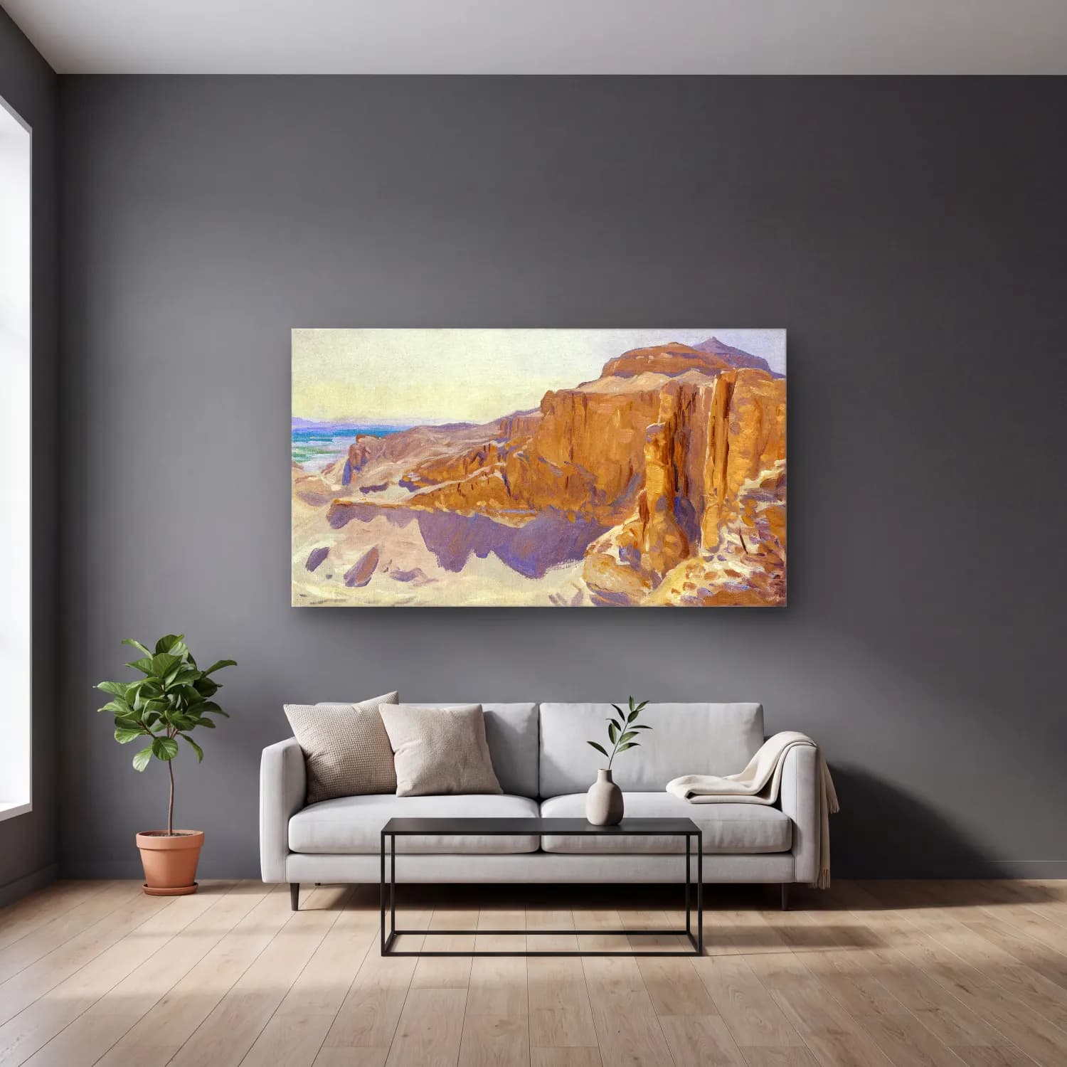 John Singer Sargent – Cliffs at Deir el Bahri, Egypt cam tablo — gri duvarlı salonda