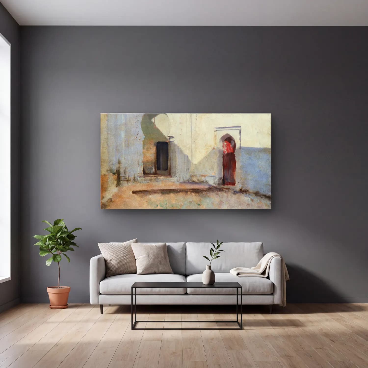 John Singer Sargent – Courtyard, Tétouan, Morocco cam tablo — gri duvarlı salonda