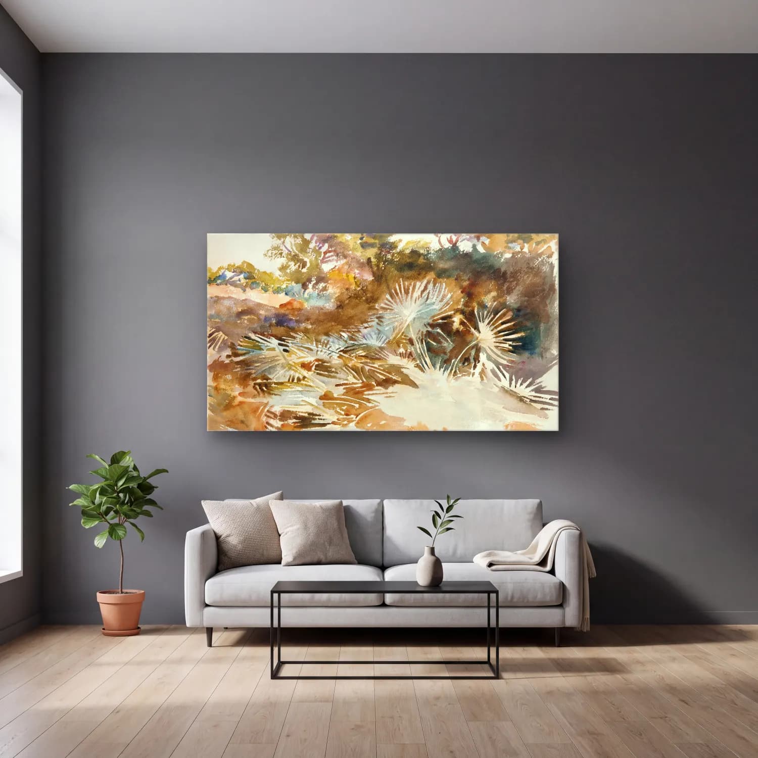 John Singer Sargent – Landscape with Palmettos cam tablo — gri duvarlı salonda