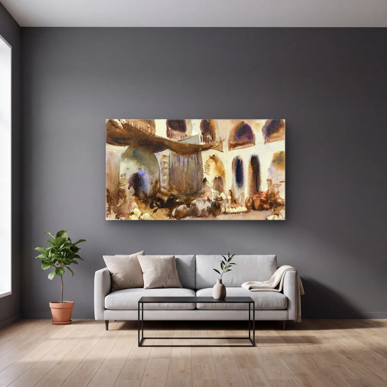 John Singer Sargent – Market Place cam tablo — gri duvarlı salonda