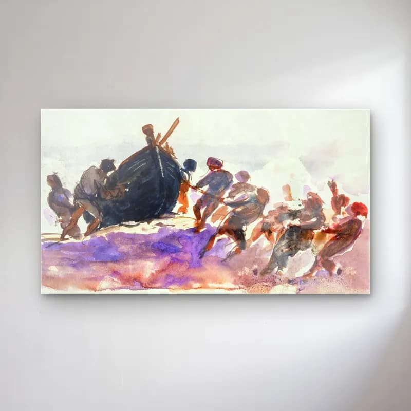 John Singer Sargent – Men Hauling Lifeboat Ashore from scrapbook cam tablo — John Singer Sargent – Men Hauling Lifeboat Ashore from scrapbook — suluboya savaş sahnesi