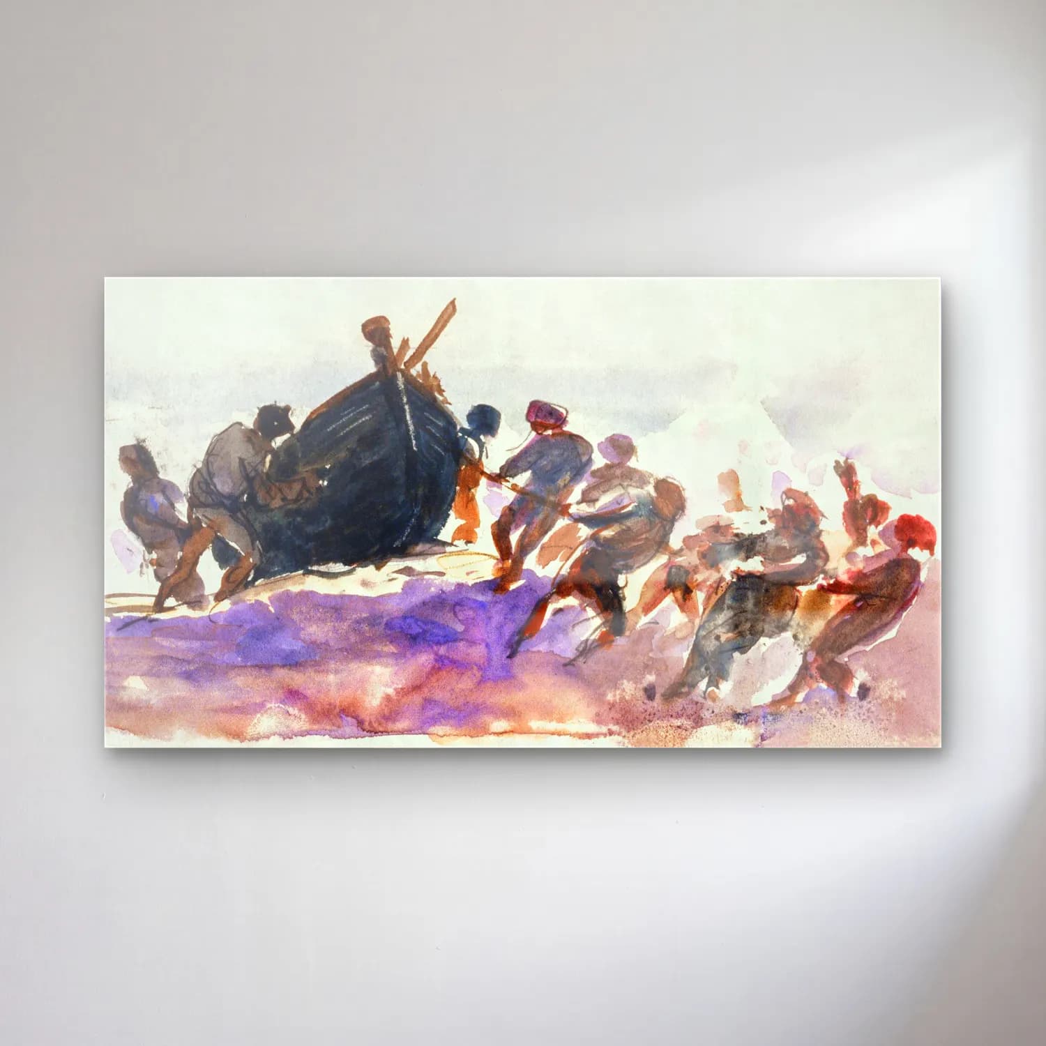 John Singer Sargent – Men Hauling Lifeboat Ashore from scrapbook cam tablo — John Singer Sargent – Men Hauling Lifeboat Ashore from scrapbook — suluboya savaş sahnesi