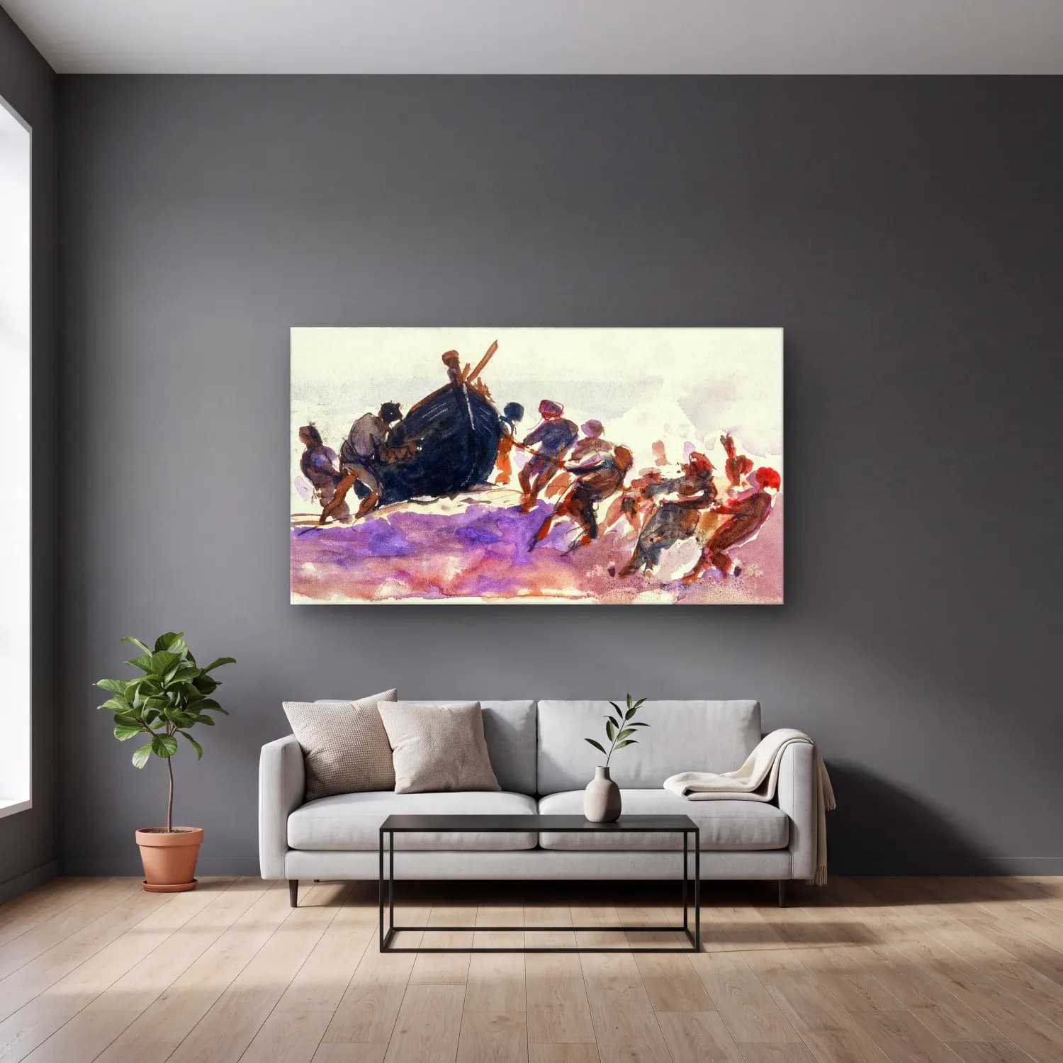 John Singer Sargent – Men Hauling Lifeboat Ashore from scrapbook cam tablo — gri duvarlı salonda