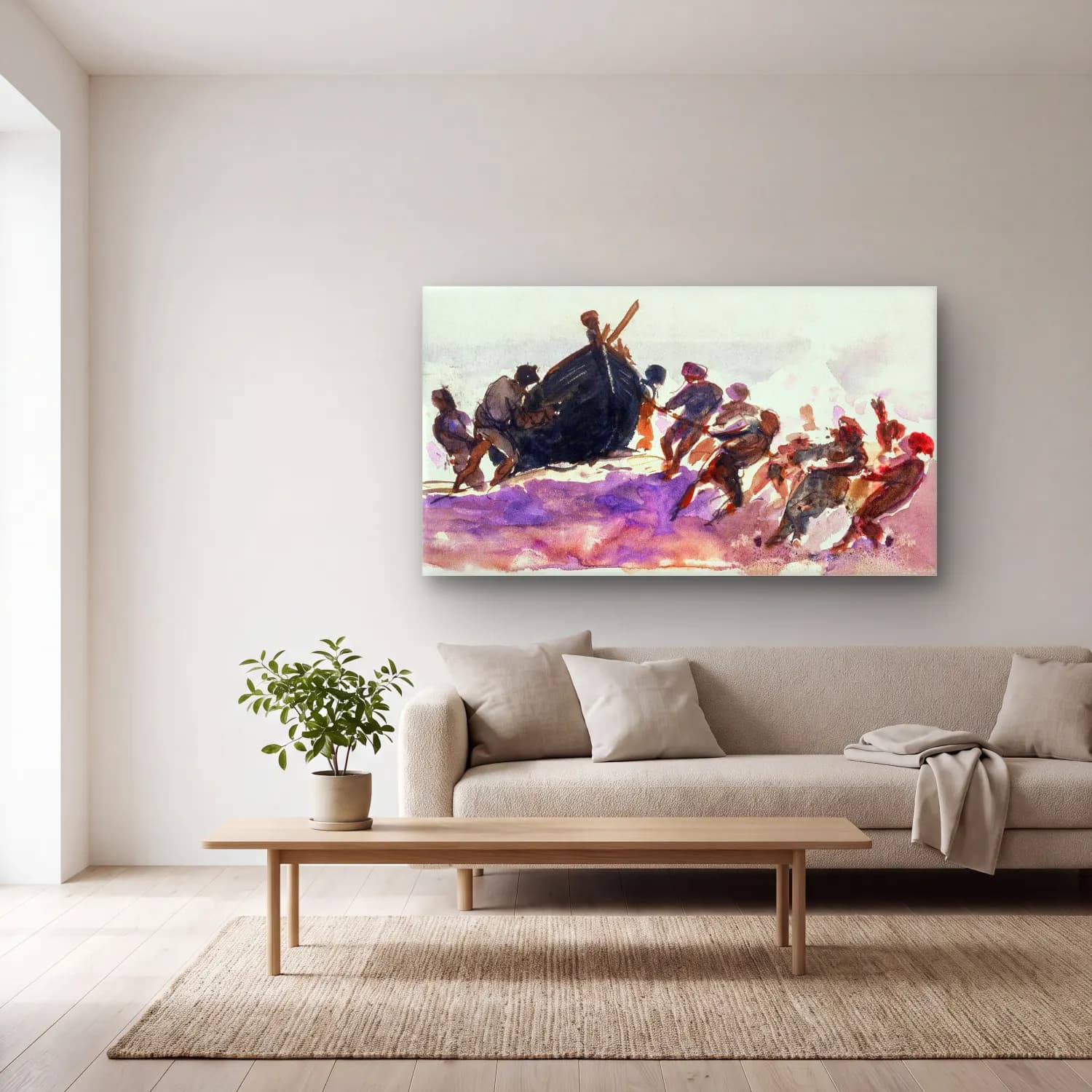 John Singer Sargent – Men Hauling Lifeboat Ashore from scrapbook cam tablo — açık renk salonda