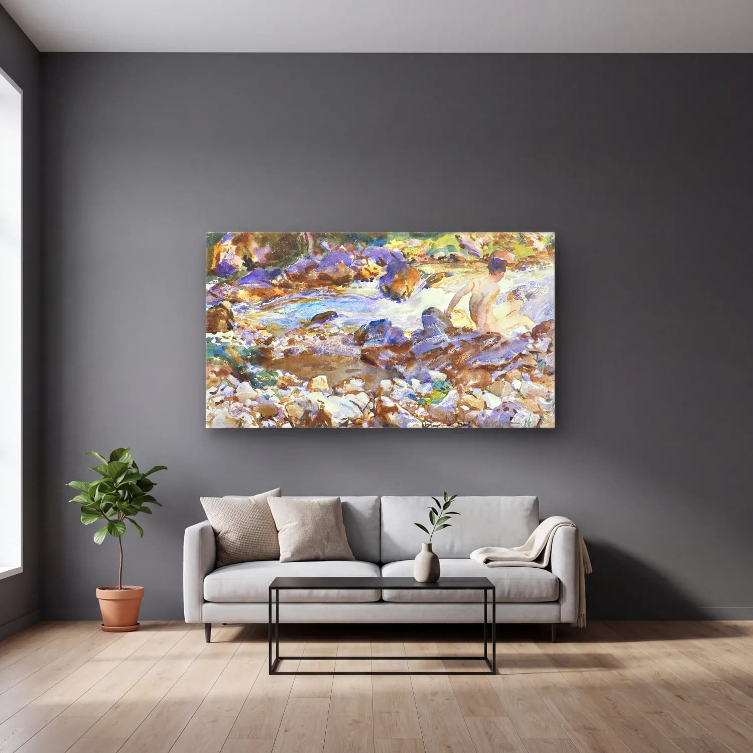 John Singer Sargent – Mountain Stream cam tablo — gri duvarlı salonda