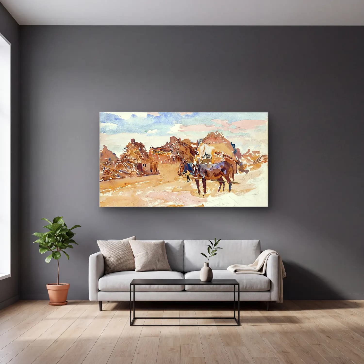 John Singer Sargent – Mules and Ruins September cam tablo — gri duvarlı salonda