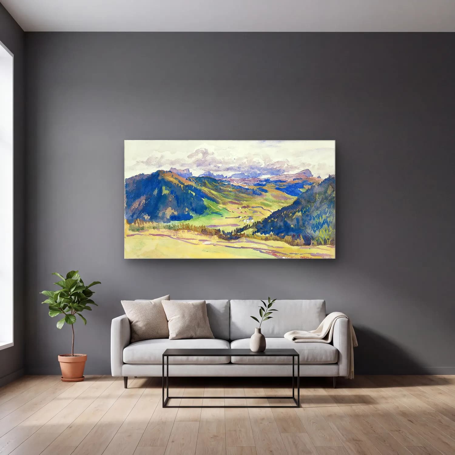John Singer Sargent – Open Valley, Dolomites cam tablo — gri duvarlı salonda