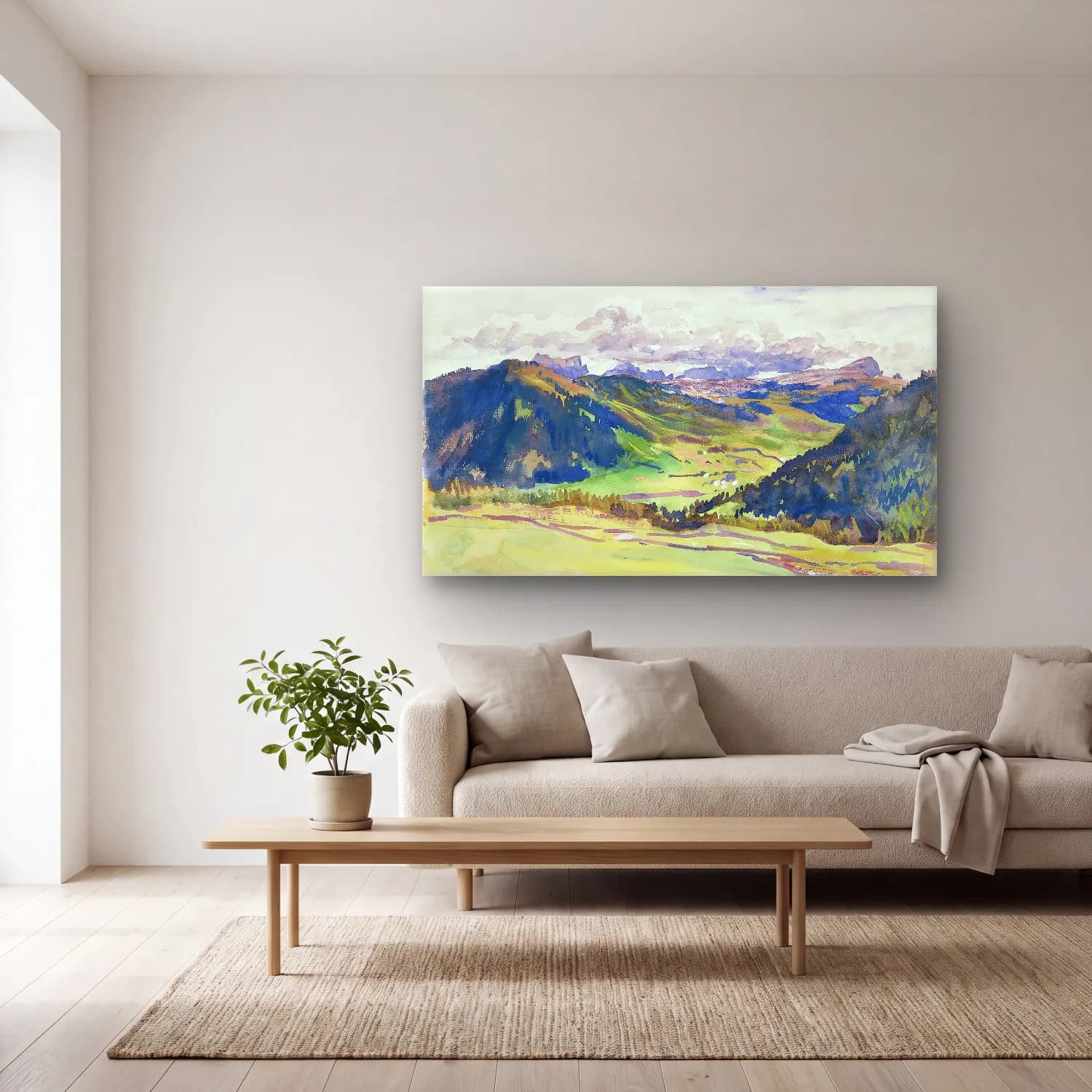 John Singer Sargent – Open Valley, Dolomites cam tablo — açık renk salonda