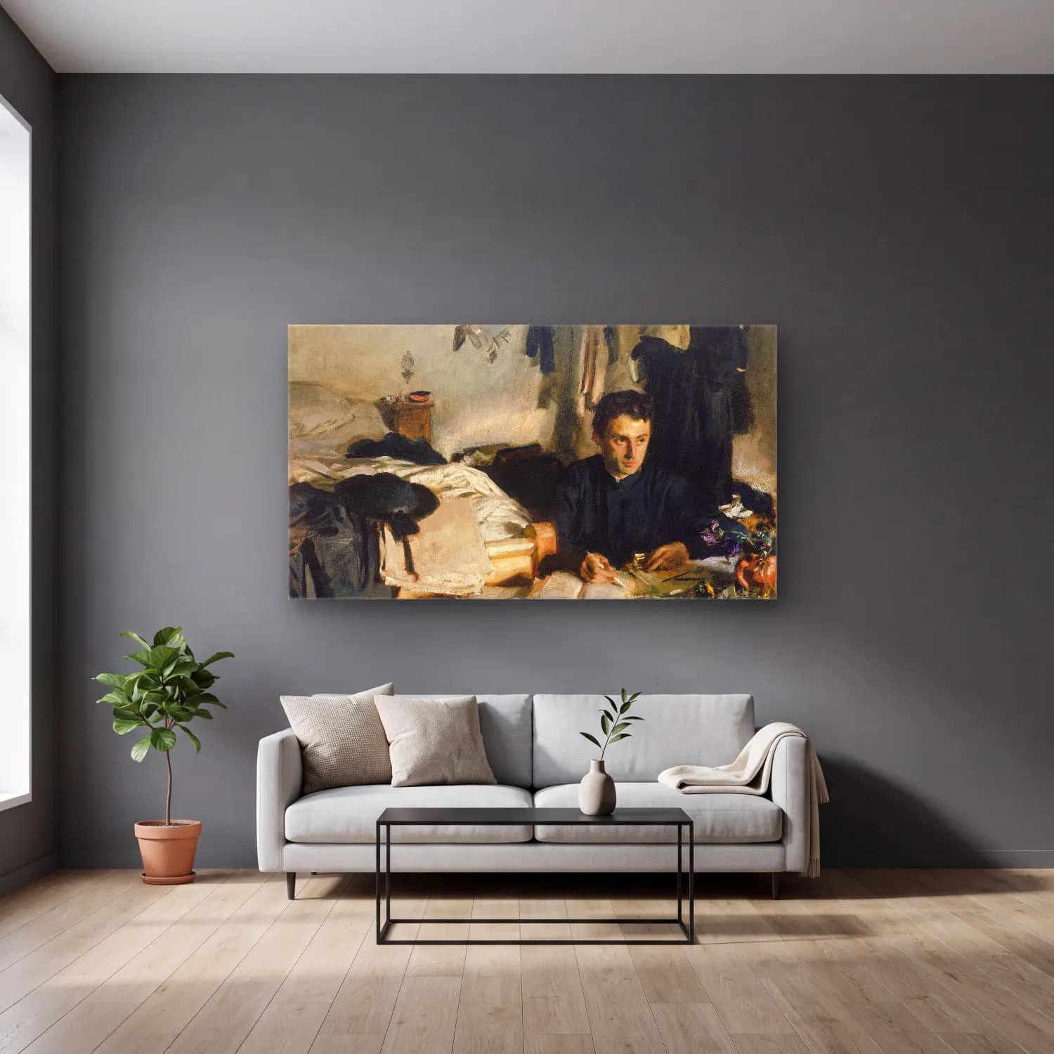 John Singer Sargent – Padre Sebastian cam tablo — gri duvarlı salonda