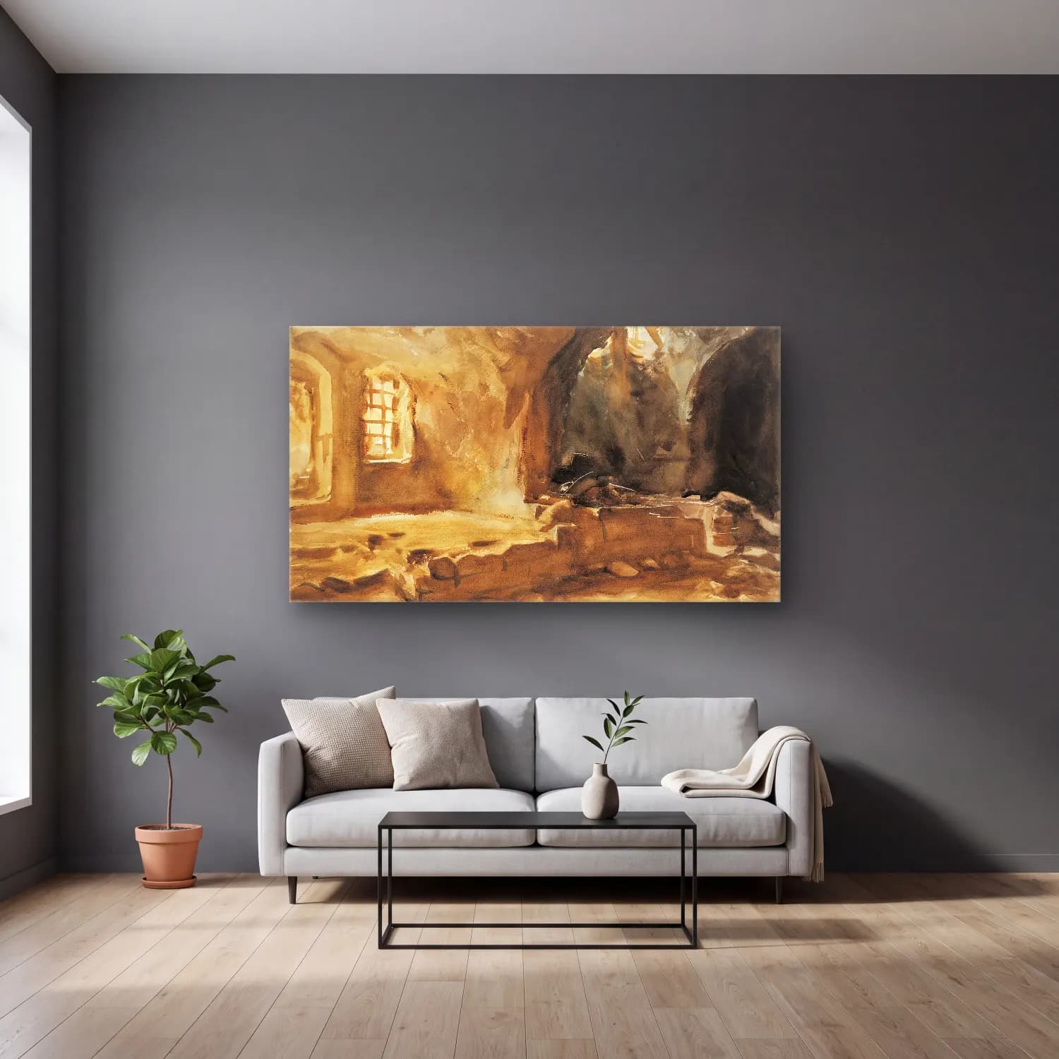 John Singer Sargent – Ruined Cellar—Arras cam tablo — gri duvarlı salonda