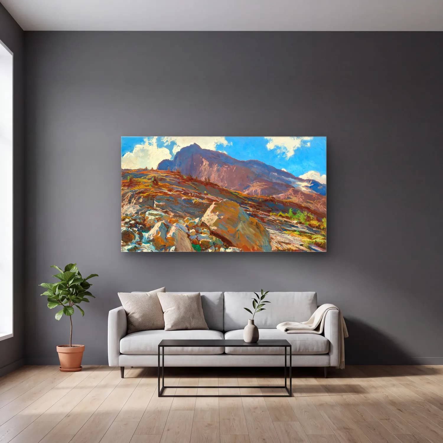 John Singer Sargent – Simplon Pass cam tablo — gri duvarlı salonda