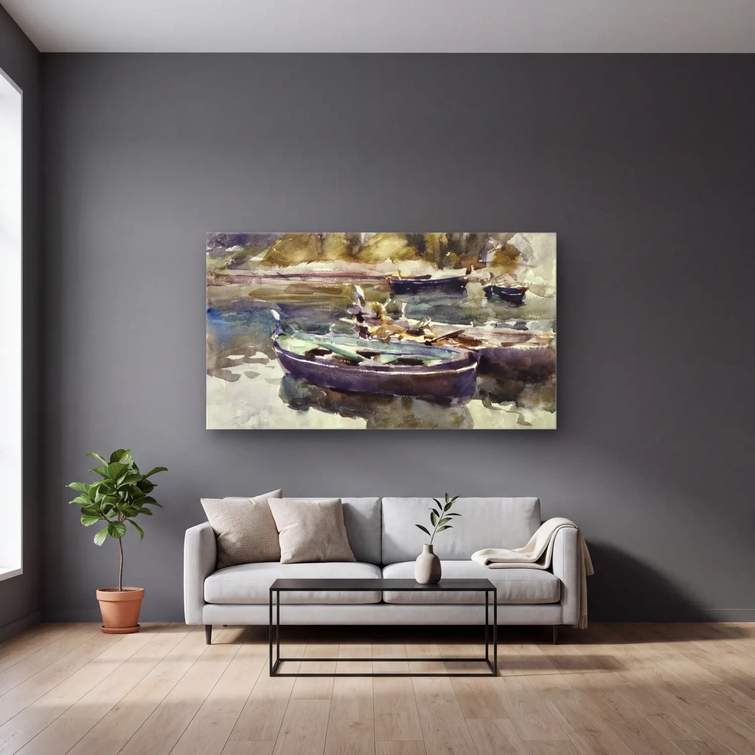 John Singer Sargent – Small Boats cam tablo — gri duvarlı salonda