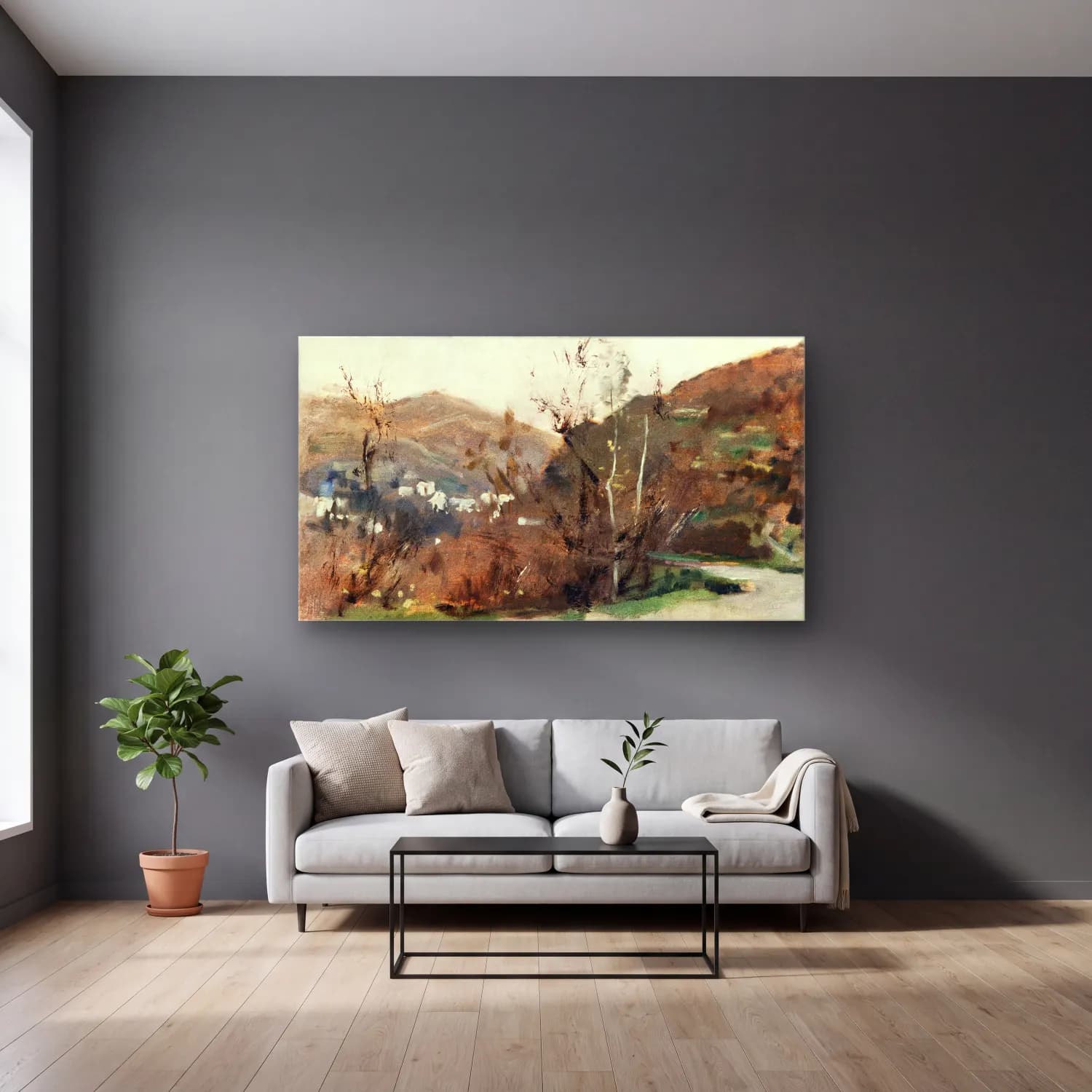 John Singer Sargent – Spanish Landscape cam tablo — gri duvarlı salonda