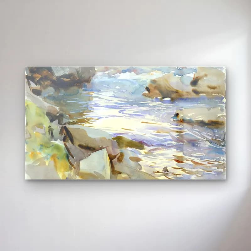 John Singer Sargent – Stream and Rocks cam tablo — John Singer Sargent – Stream and Rocks — suluboya dalgalı sahil