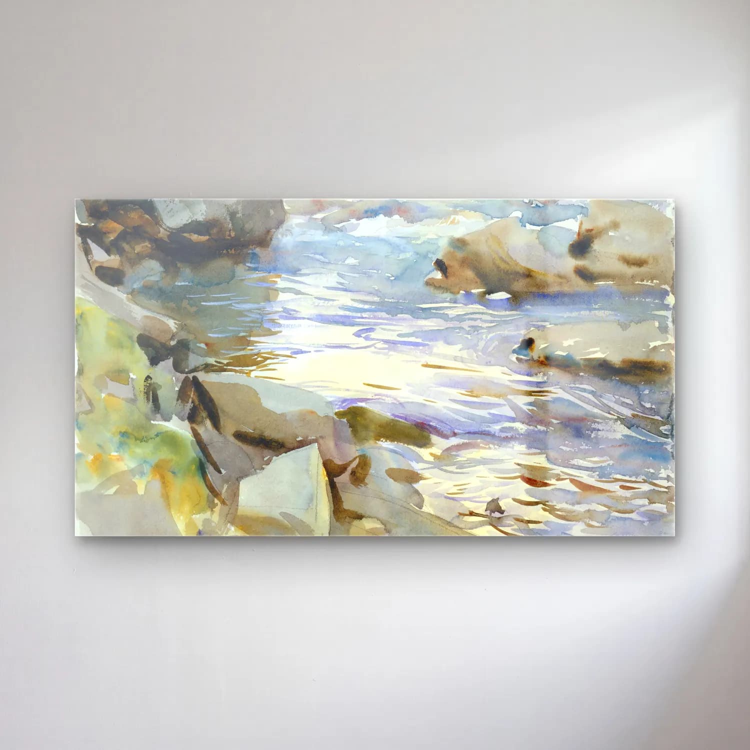John Singer Sargent – Stream and Rocks cam tablo — John Singer Sargent – Stream and Rocks — suluboya dalgalı sahil