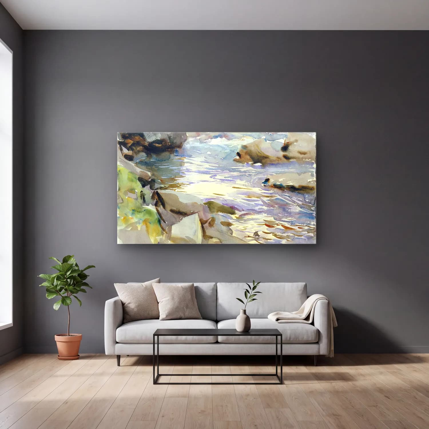 John Singer Sargent – Stream and Rocks cam tablo — gri duvarlı salonda