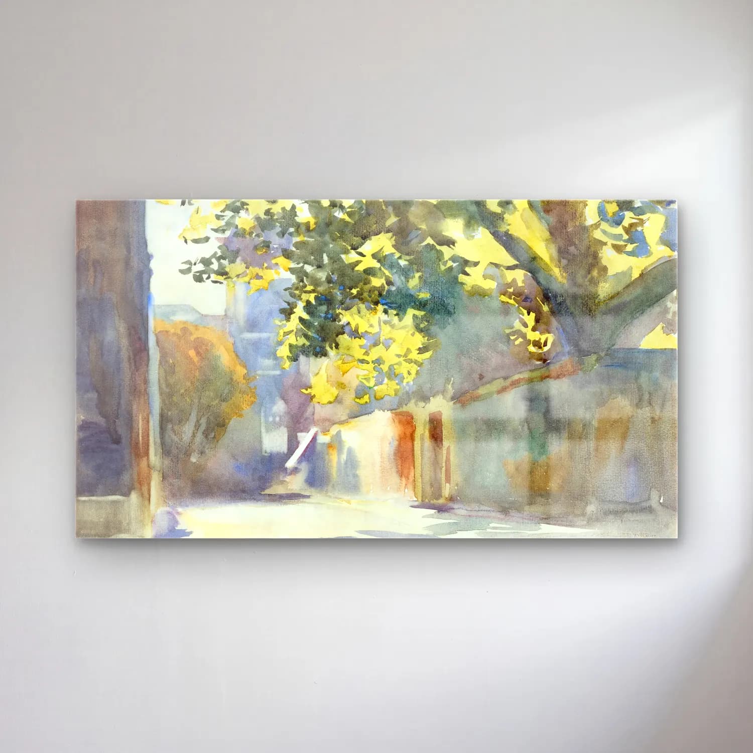 John Singer Sargent – Sunlit Wall Under a Tree cam tablo — John Singer Sargent – Sunlit Wall Under a Tree — suluboya köy sokağı