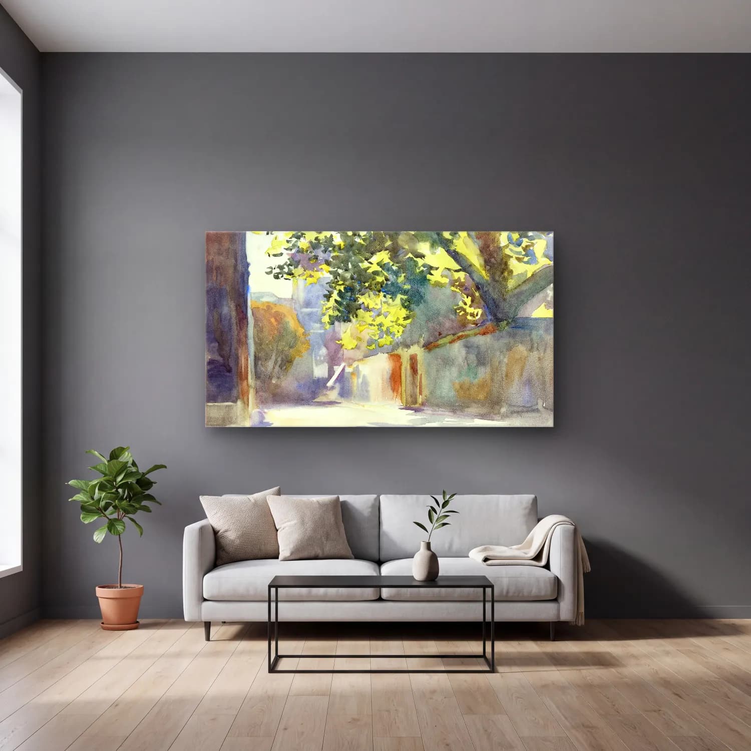 John Singer Sargent – Sunlit Wall Under a Tree cam tablo — gri duvarlı salonda
