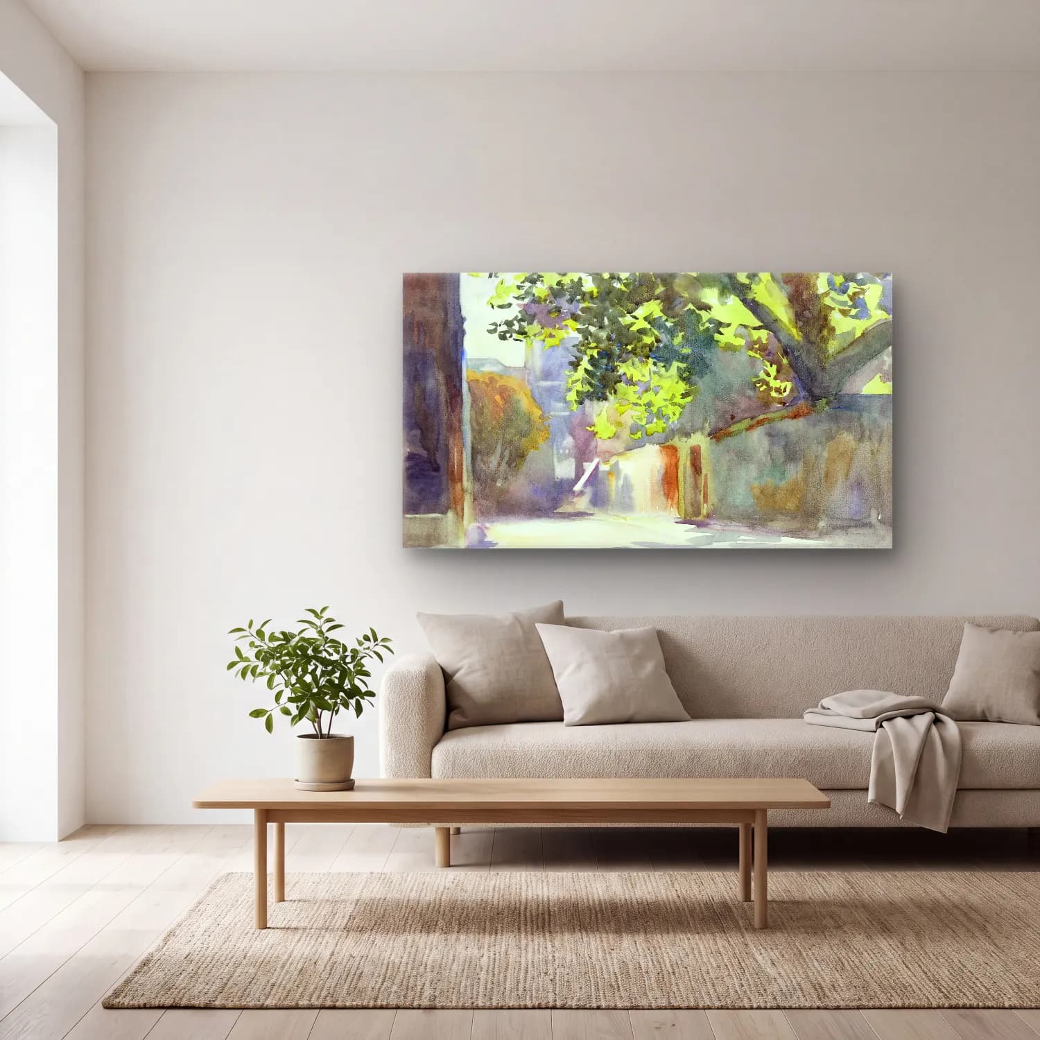 John Singer Sargent – Sunlit Wall Under a Tree cam tablo — açık renk salonda
