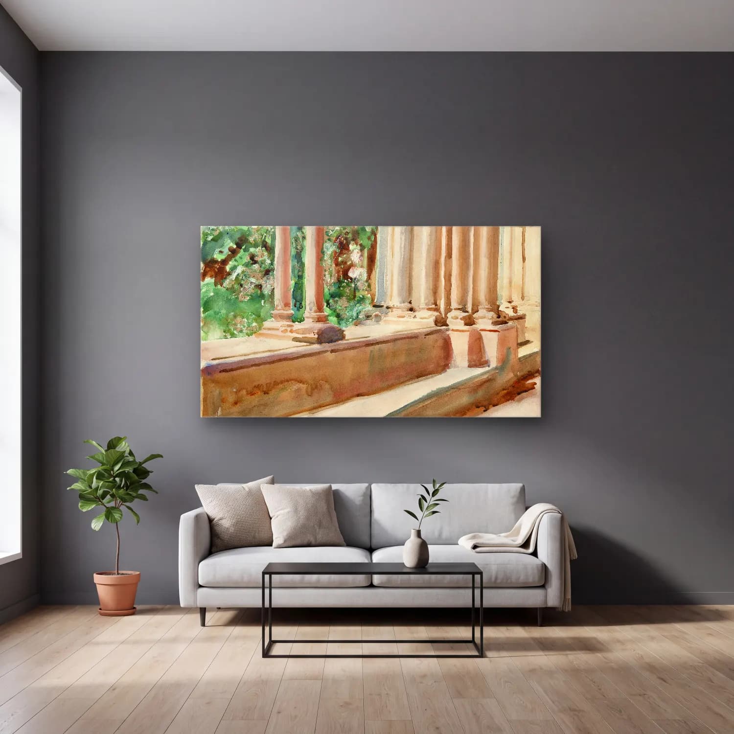 John Singer Sargent – Tarragona Terrace and Garden cam tablo — gri duvarlı salonda