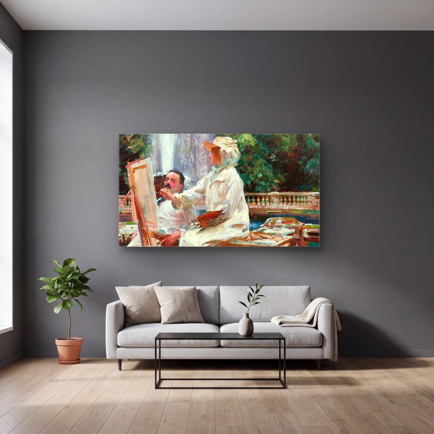 John Singer Sargent – The Fountain, Villa Torlonia, Frascati, Italy cam tablo — gri duvarlı salonda