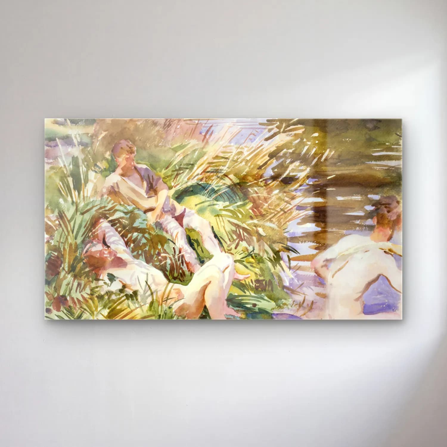 John Singer Sargent – Tommies Bathing – Bej Tonlar cam tablo — John Singer Sargent – Tommies Bathing – Bej Tonlar — suluboya sahilde i̇nsanlar