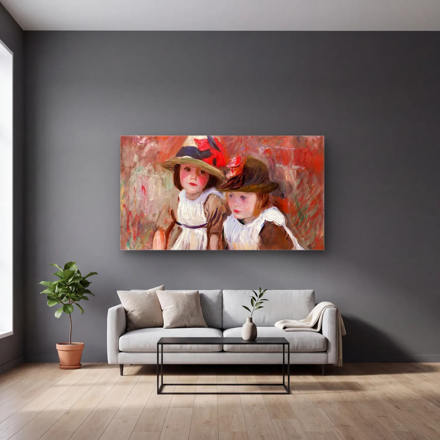 John Singer Sargent – Village Children cam tablo — gri duvarlı salonda