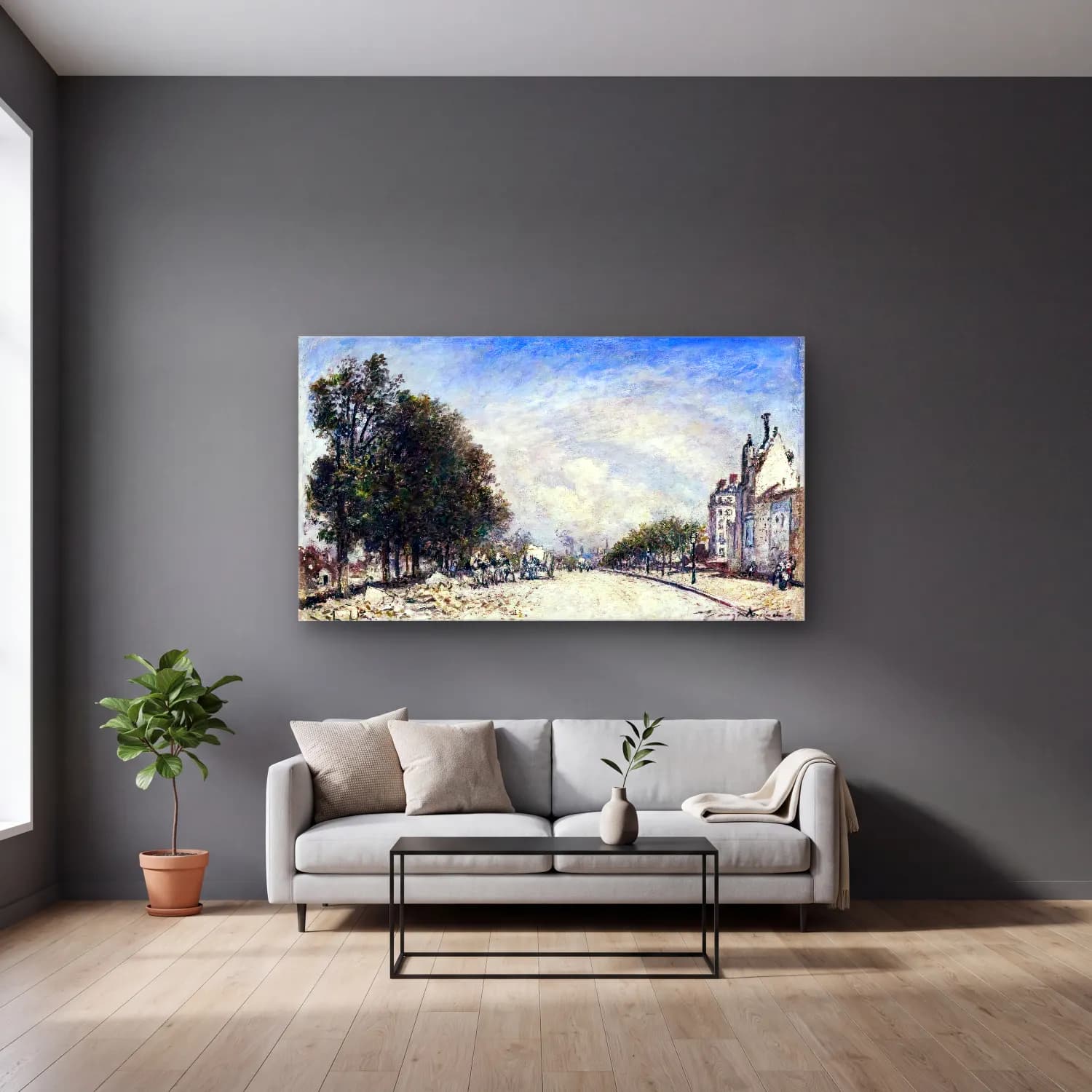 Johan Barthold Jongkind – Boulevard de Port-Royal in Paris cam tablo — gri duvarlı salonda