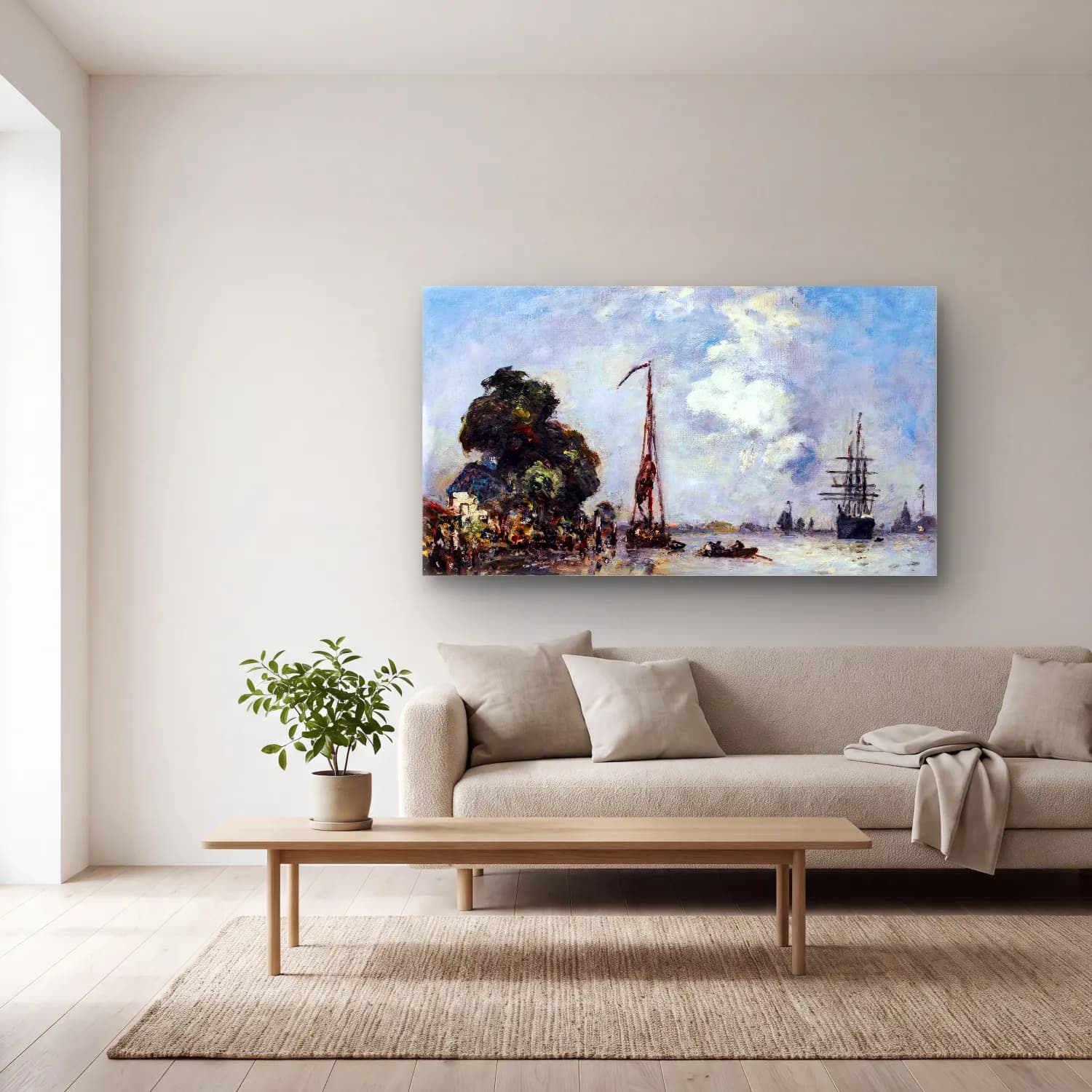 Johan Barthold Jongkind – Fishing on the Estuary cam tablo — açık renk salonda