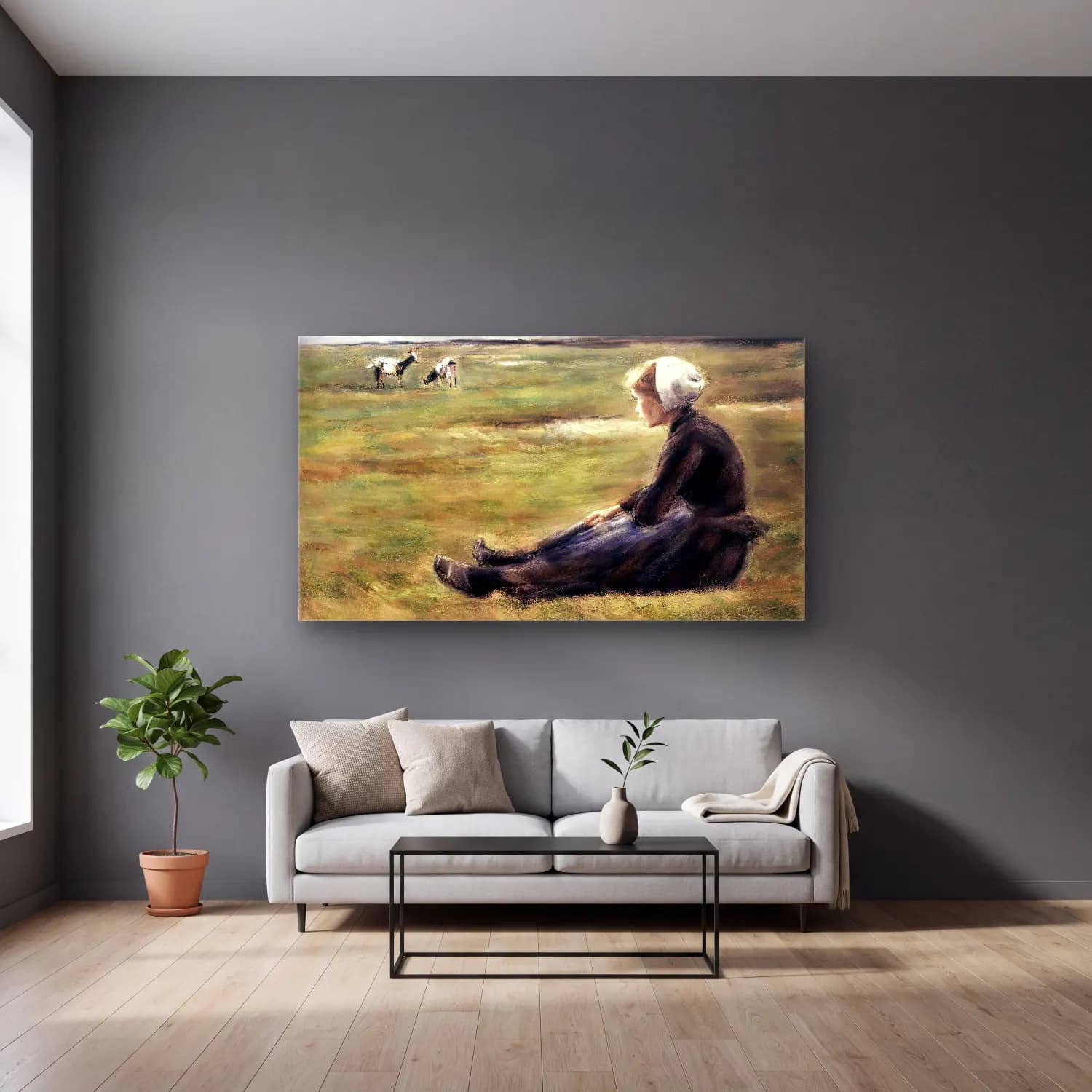 Max Liebermann – In the Field cam tablo — gri duvarlı salonda