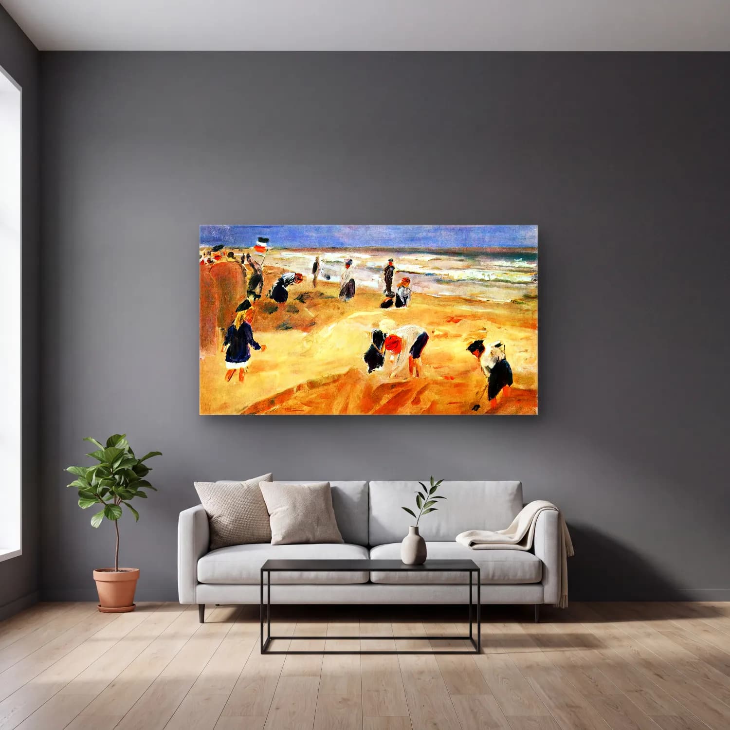 Max Liebermann – The Beach at Nordwijk cam tablo — gri duvarlı salonda