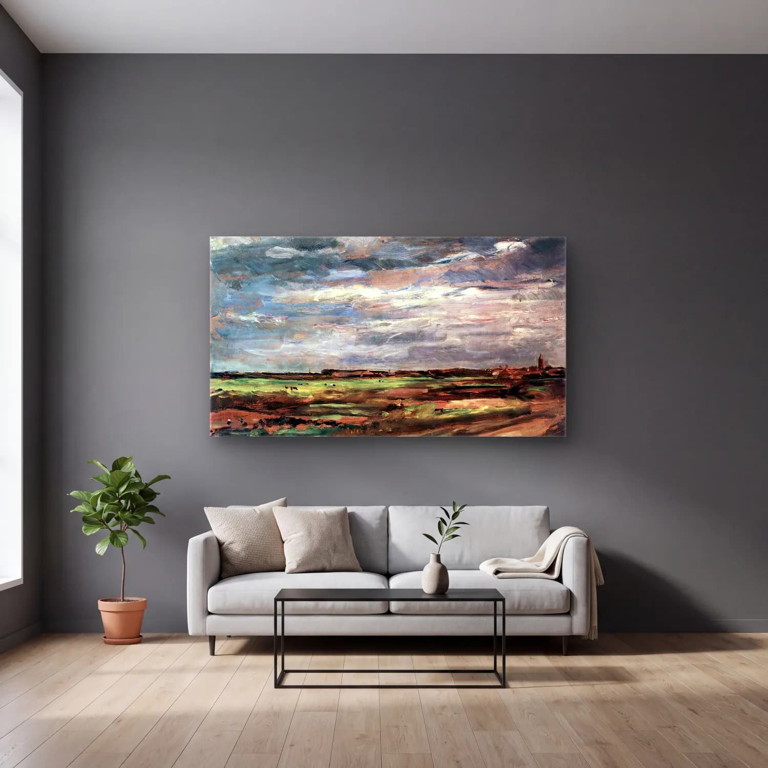 Max Liebermann – The Dunes at Noordwijk cam tablo — gri duvarlı salonda