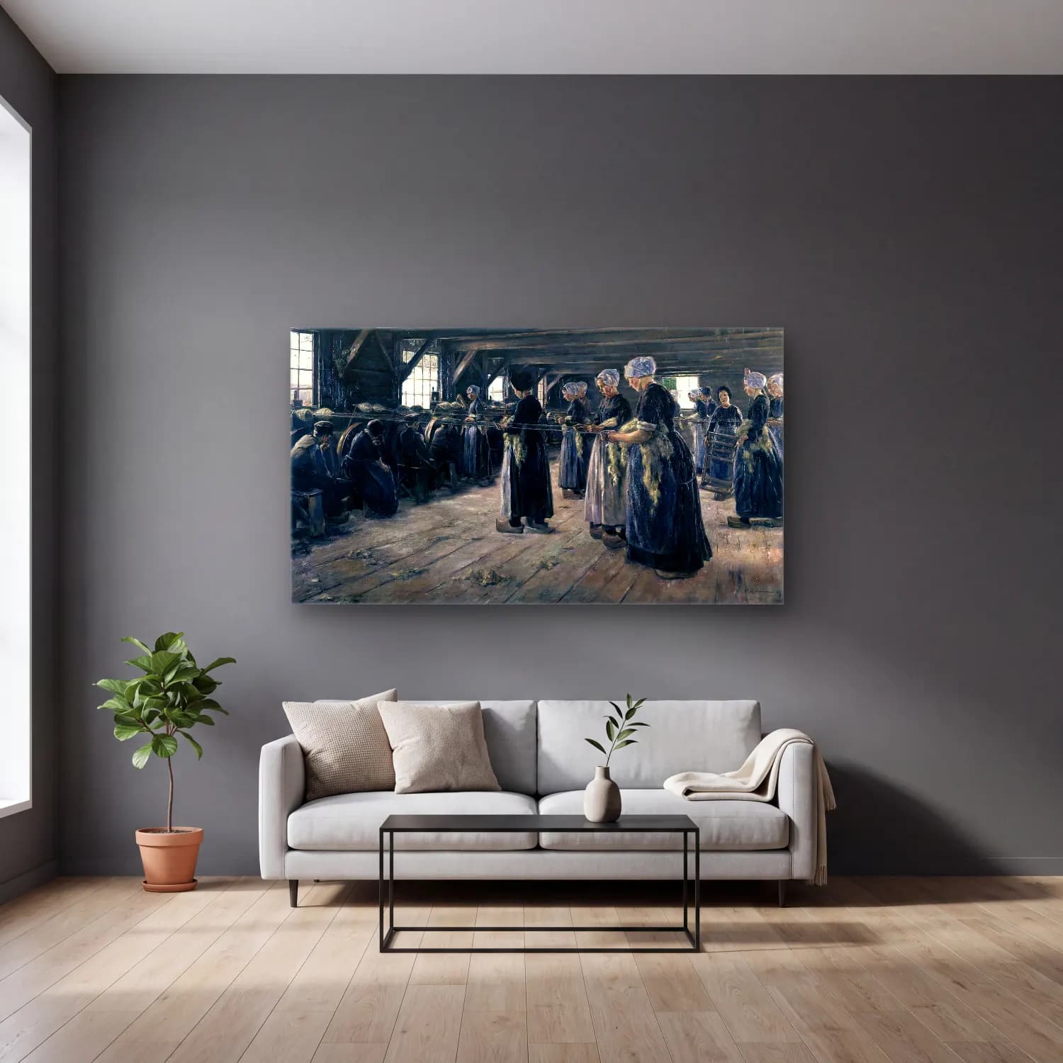 Max Liebermann – The Flax Barn at Laren cam tablo — gri duvarlı salonda
