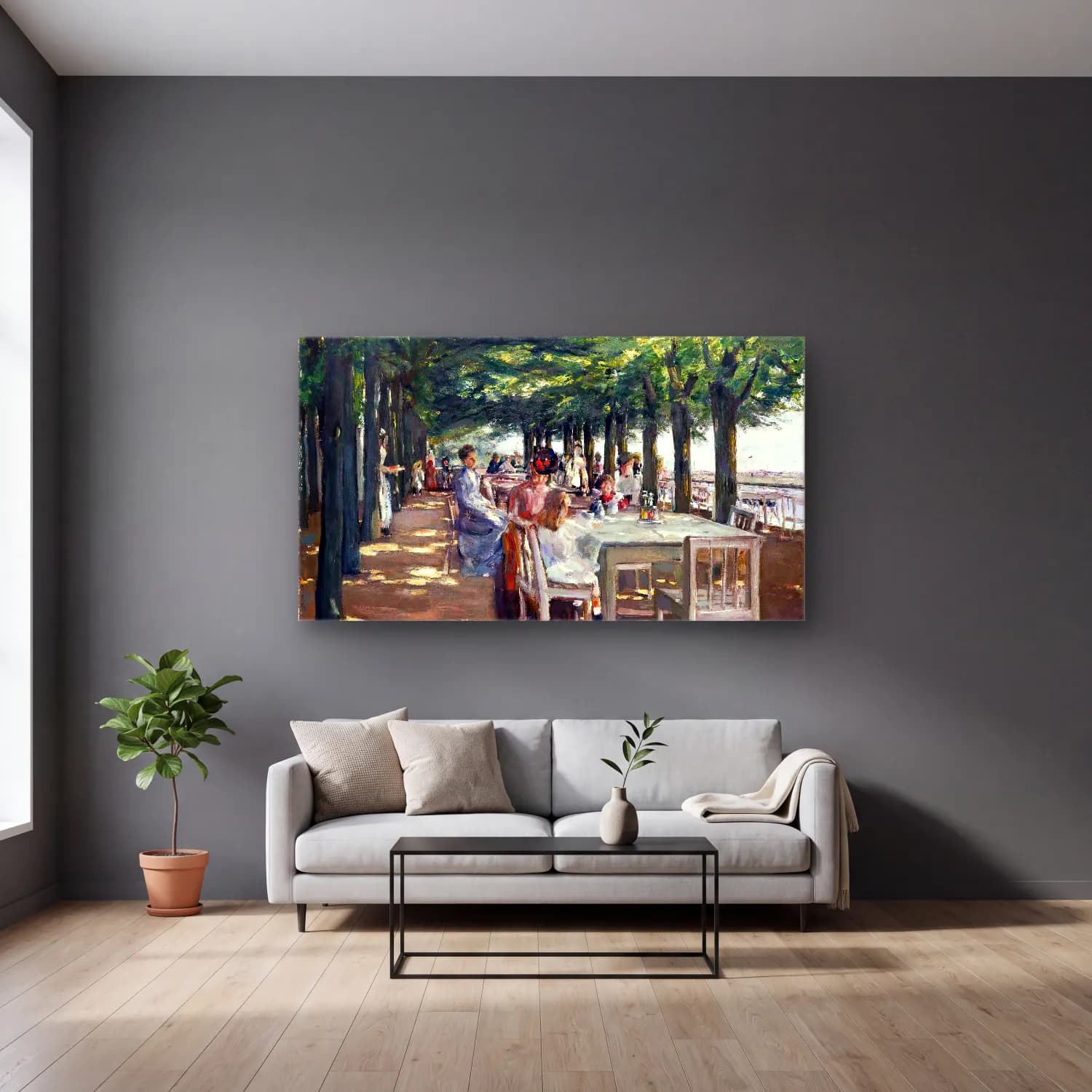 Max Liebermann – The Terrace at Jacob s Restaurant in Nienstedten-an-der-Elbe cam tablo — gri duvarlı salonda