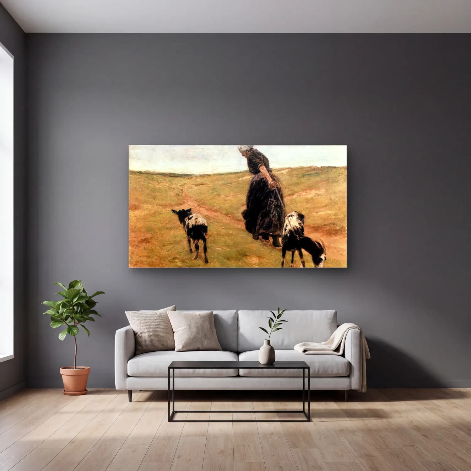 Max Liebermann – Woman with Goats cam tablo — gri duvarlı salonda