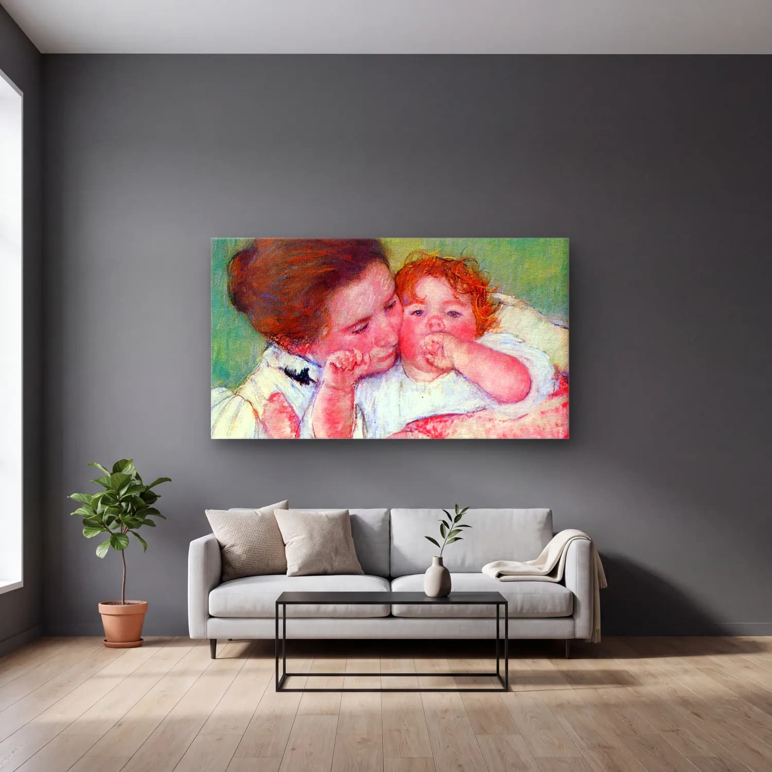 Mary Cassatt – Anne Klein, from the mother embraces cam tablo — gri duvarlı salonda