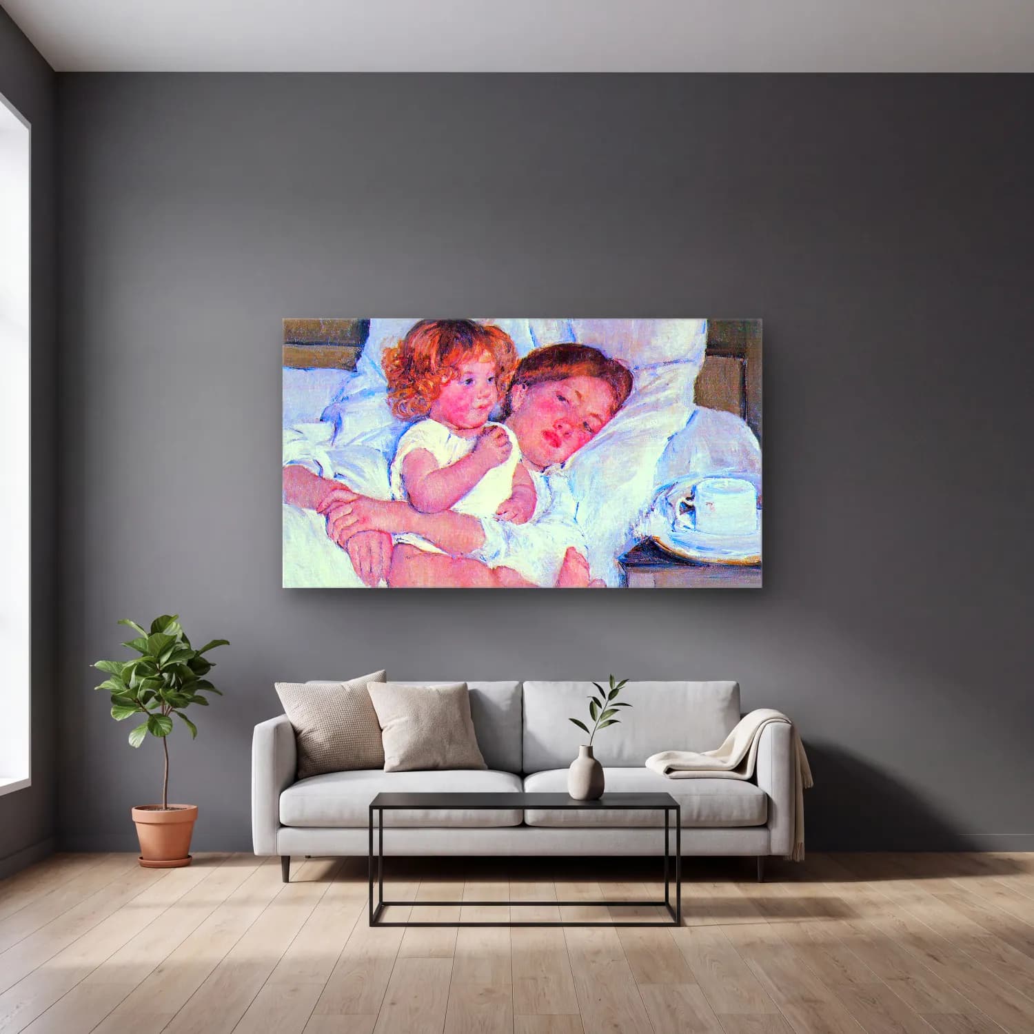 Mary Cassatt – Breakfast in bed cam tablo — gri duvarlı salonda