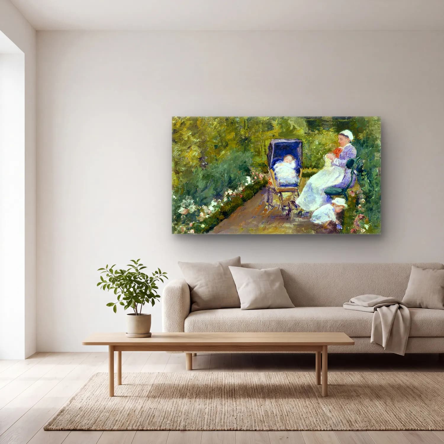 Mary Cassatt – Cassatt - Children in the garden with nanny cam tablo — açık renk salonda