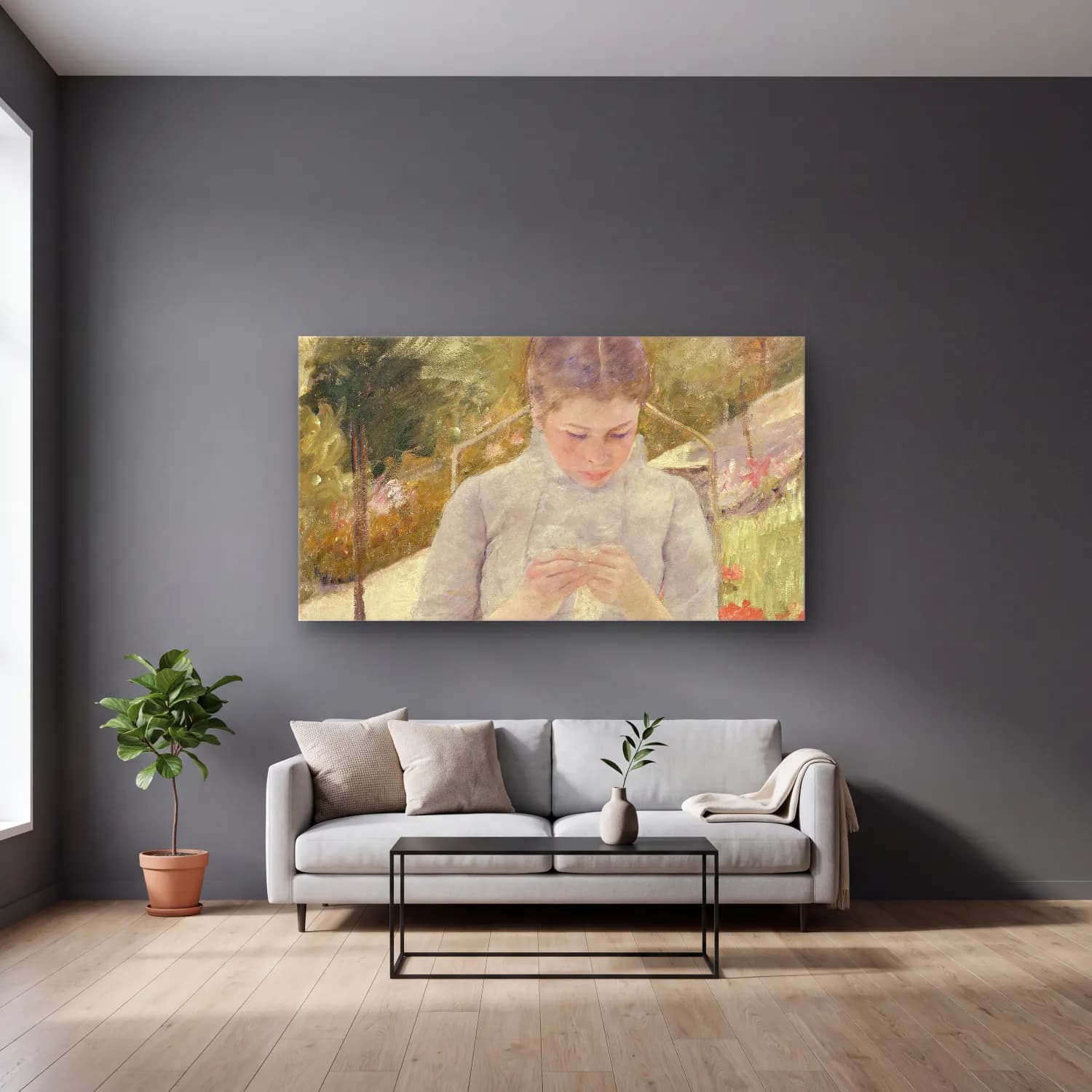 Mary Cassatt – Cassatt - Girl in the Garden cam tablo — gri duvarlı salonda