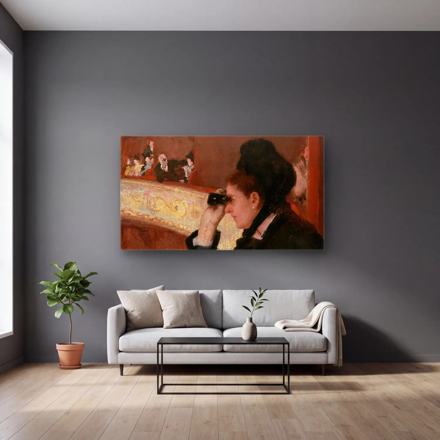 Mary Cassatt – Cassatt - In the Loge cam tablo — gri duvarlı salonda
