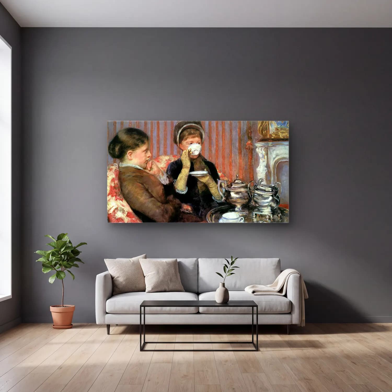 Mary Cassatt – Cassatt, Mary - Five O Clock Tea cam tablo — gri duvarlı salonda