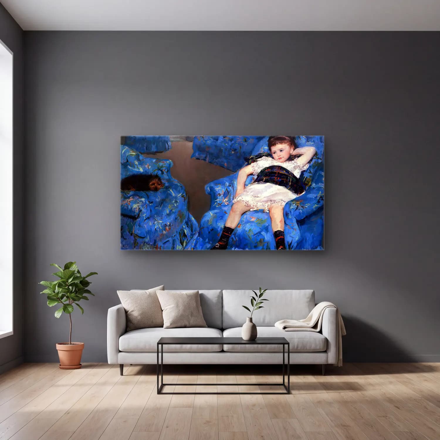 Mary Cassatt – Cassatt, Mary - The Blue Room cam tablo — gri duvarlı salonda