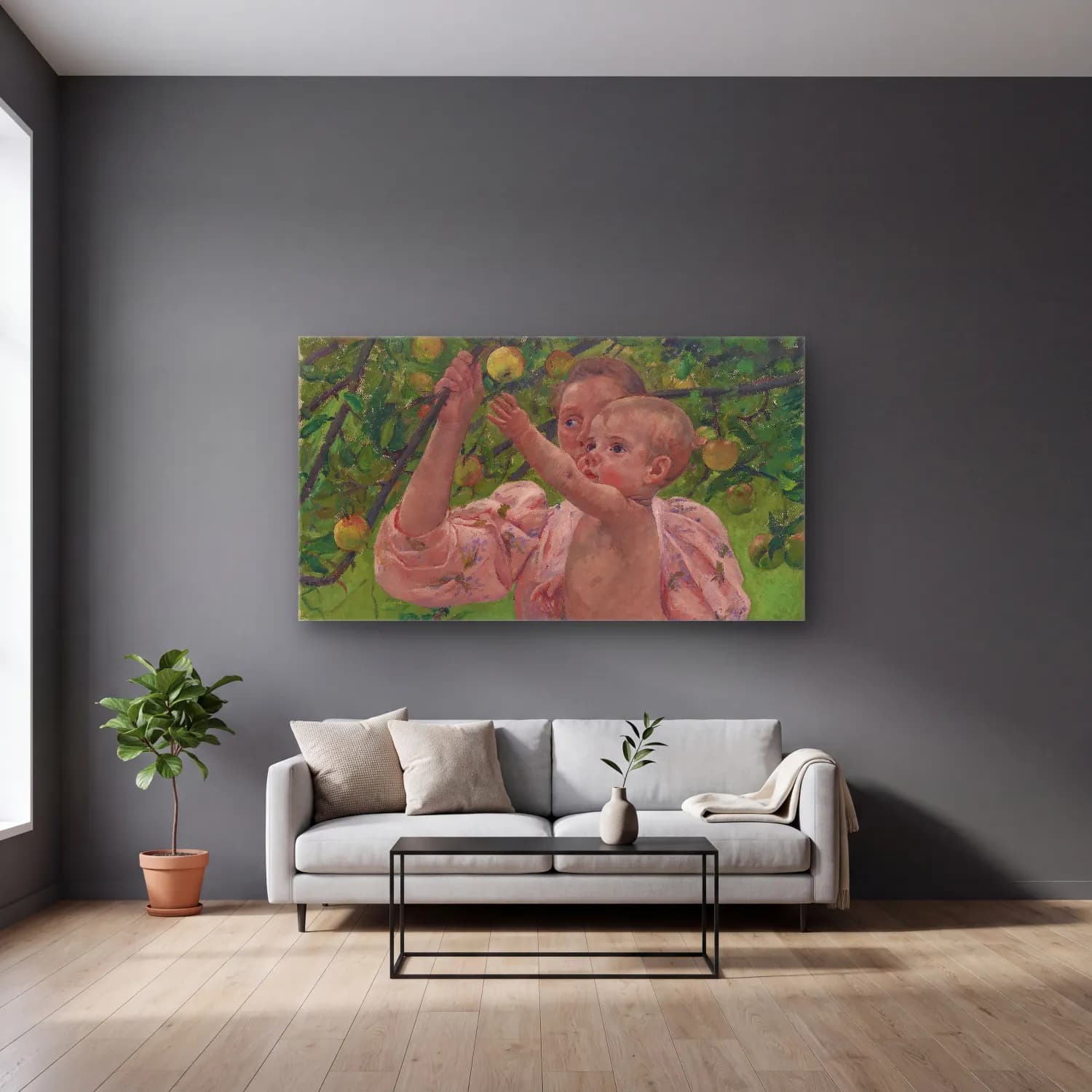 Mary Cassatt – Child Picking a Fruit cam tablo — gri duvarlı salonda