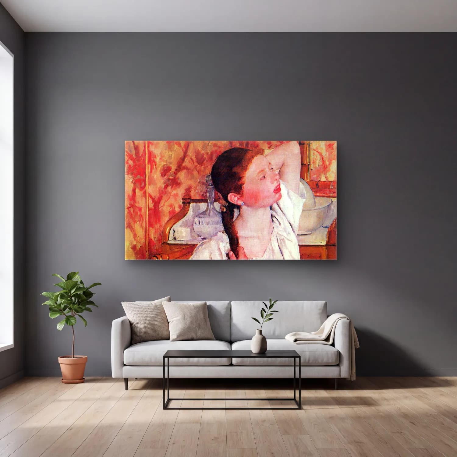 Mary Cassatt – Girl arranging her hair cam tablo — gri duvarlı salonda